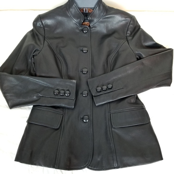 Peruvian Connection Sutton Place black leather jacket tab collar peplum NWOT 4 - Picture 2 of 11